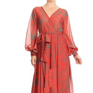 LA Fatima Orange V Neck Floral Chiffon Maxi Dress
